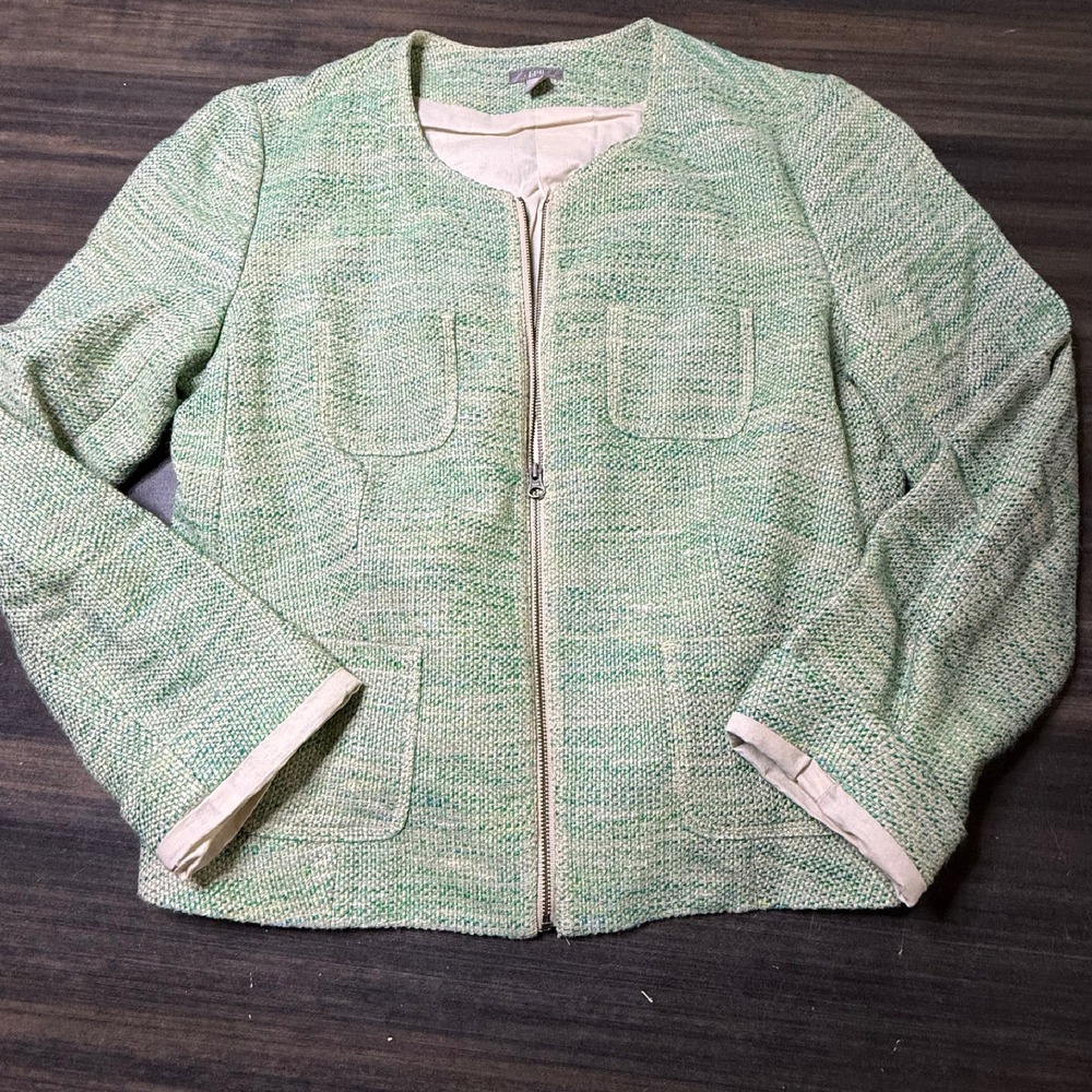 J. Jill Stretch Tweed Jacket Green Career Zip Front Pockets Petite SP